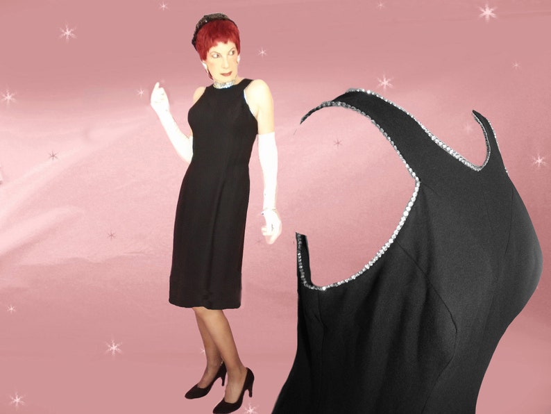 Retro Little Black Cocktail Dress Medium 60s Retro Sleek Crepe Sheath LBD with Rhinestones