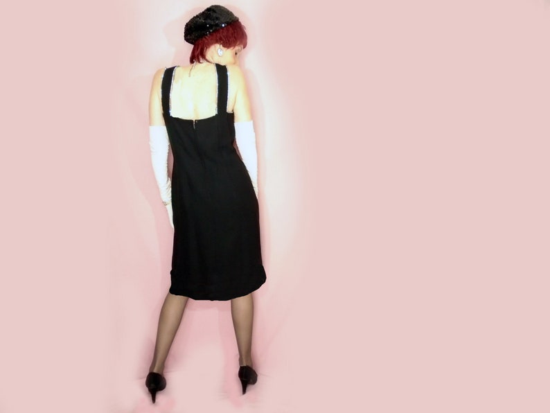 Retro Little Black Cocktail Dress Medium 60s Retro Sleek Crepe Sheath LBD with Rhinestones