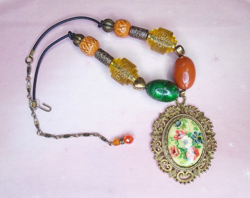 Flower Cameo Statement Necklace OOAK Boho Chunky Adjustable Beaded Choker Large Pendant Jewelry Gift Box