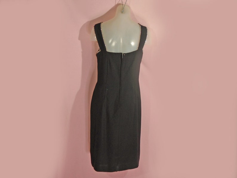 Retro Little Black Cocktail Dress Medium 60s Retro Sleek Crepe Sheath LBD with Rhinestones