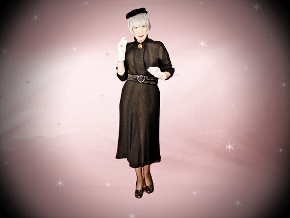 30s Vintage Knit Dress, Medium Black Textured Rayo