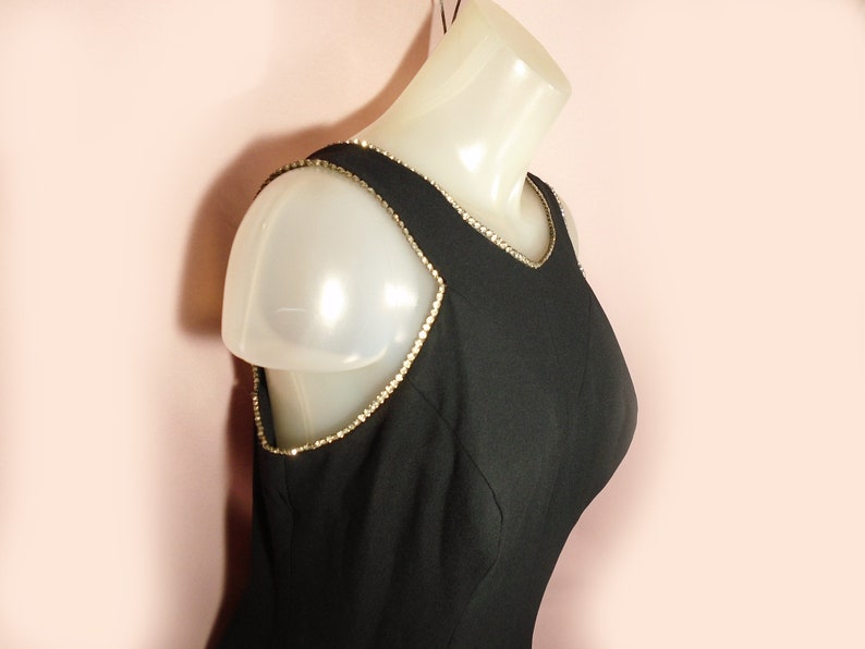 Retro Little Black Cocktail Dress Medium 60s Retro Sleek Crepe Sheath LBD with Rhinestones