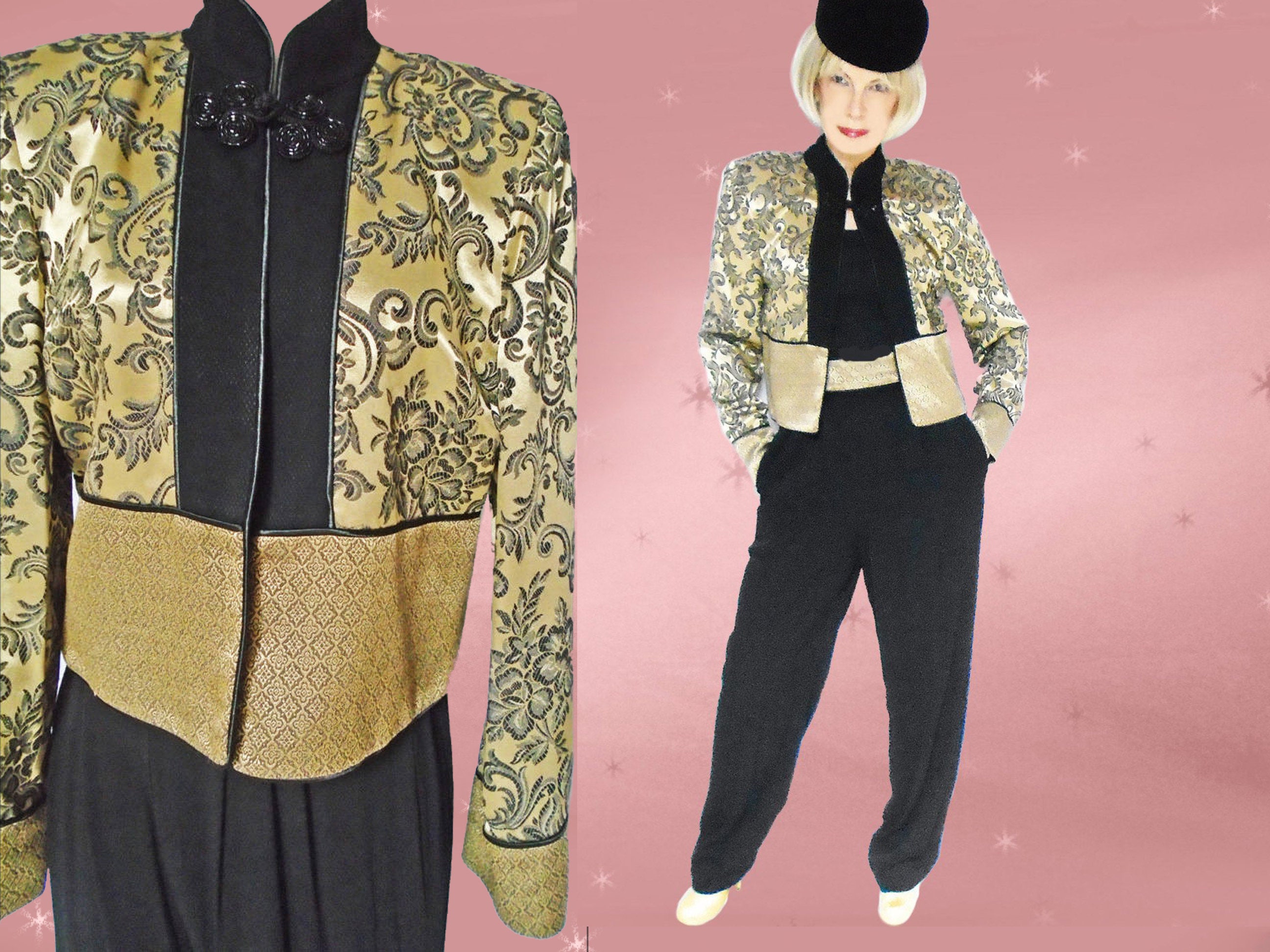 80s Vintage Brocade Pant Suit Gold Black Formal Pantsuit | Etsy