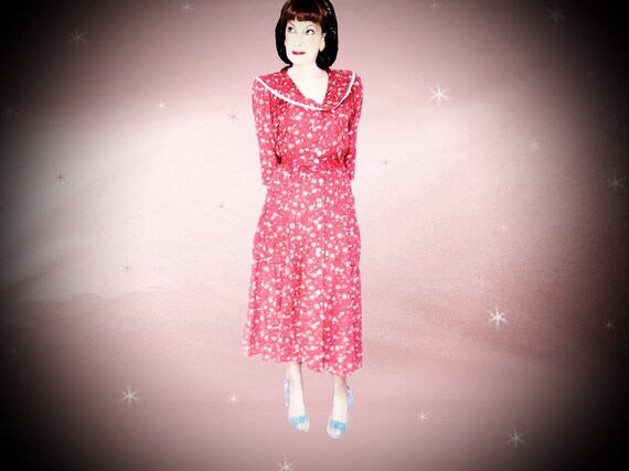 40s Style Red Dress, Medium Vintage Ditsy Floral M