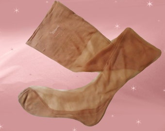 1950s Vintage Nylon Stockings, Seams, Flat Knit, Cuban Heel, Sheer RHT Thigh High Seam Hose, Seamed Retro Hosiery, 32 x 10, Sun Tan