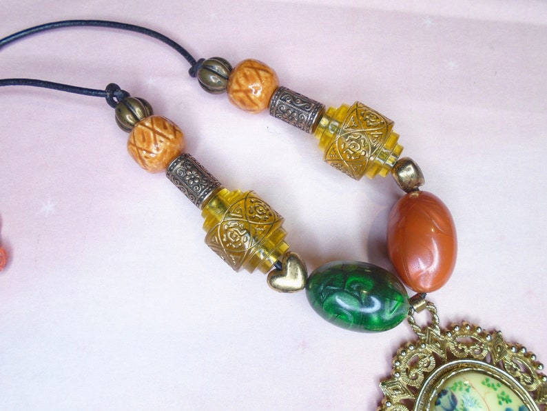 Flower Cameo Statement Necklace OOAK Boho Chunky Adjustable Beaded Choker Large Pendant Jewelry Gift Box