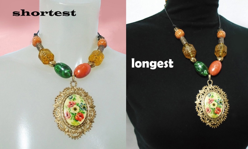 Flower Cameo Statement Necklace OOAK Boho Chunky Adjustable Beaded Choker Large Pendant Jewelry Gift Box