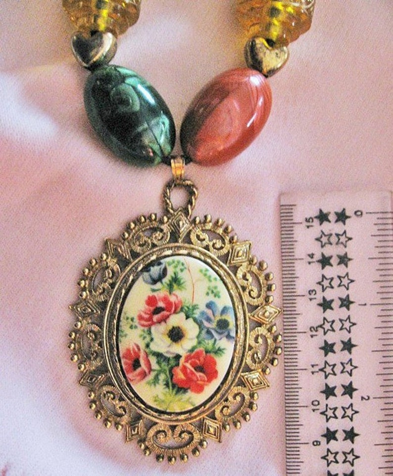 Flower Cameo Statement Necklace OOAK Boho Chunky Adjustable Beaded Choker Large Pendant Jewelry Gift Box