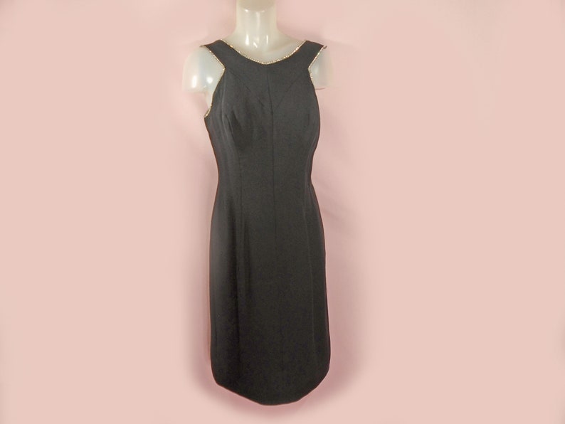 Retro Little Black Cocktail Dress Medium 60s Retro Sleek Crepe Sheath LBD with Rhinestones