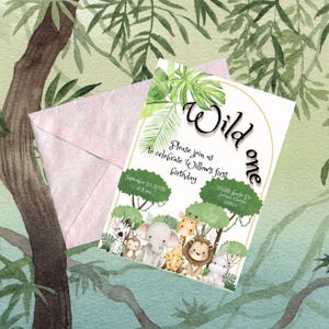Invitación de cumpleaños de Wild One Safari: Animales de la selva, plantilla editable (descarga digital)