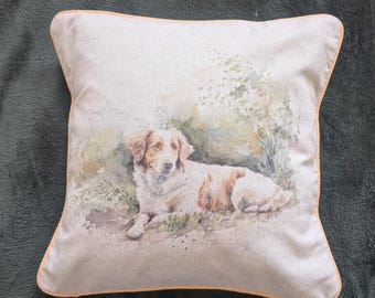 Ręcznie robiona poduszka dla psa rasy spaniel, dostępne inne rasy psów, bawełniana tkanina o wyglądzie lnu, ozdobiona uzupełniającą lamówką, doskonały prezent