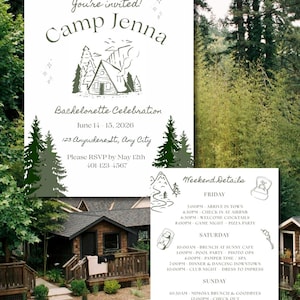 Camp Bachelorette Invitation Template, Outdoorsy Granola Girl Bach Party, Mountain Camping Itinerary, Editable Canva Digital Design Invite