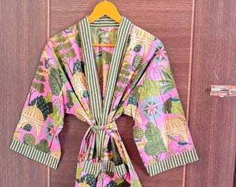 New Handmade Block Print Cotton Kimono Robe, Floral Bridesmaid Dressing Gown, Summer Nightwear