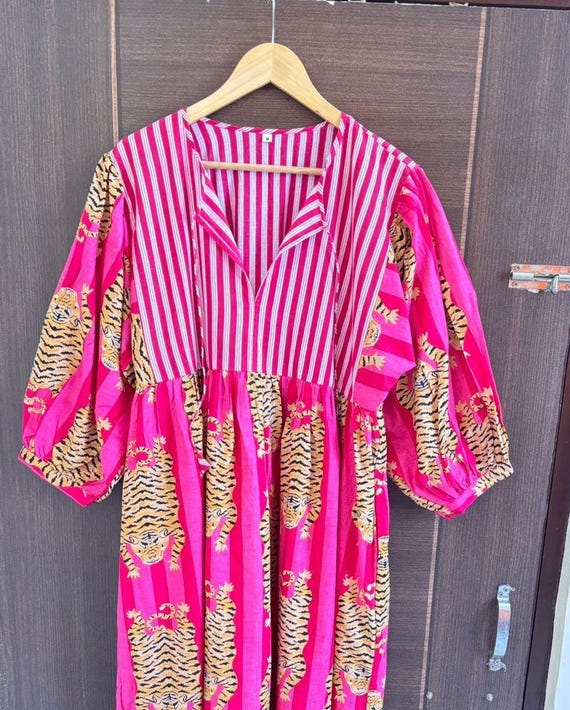 Handmade Floral Cotton Midi Dress, Bohemian 3/4 Sleeve Tunic