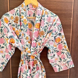 Cotton Kimono Robe Dressing Gown, Block Print Bridesmaid Robe, Summer Nightwear, One Size