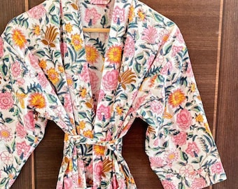 Cotton Kimono Robe Dressing Gown, Block Print Bridesmaid Robe, Summer Nightwear, One Size