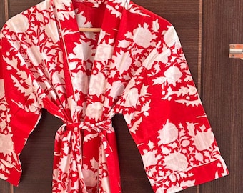 Cotton Kimono Robe Dressing Gown, Block Print Bridesmaid Robe, Summer Nightwear, One Size