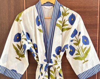 Block Print Cotton Kimono Robe, Floral Bridesmaid Dressing Gown, Summer Nightwear
