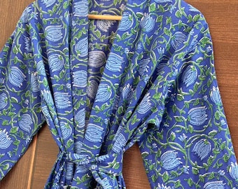 Blue Floral Cotton Kimono Robe, Block Print Dressing Gown