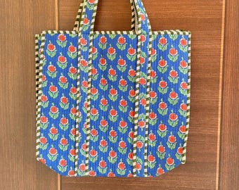 Borsa tote in cotone trapuntato con stampa floreale, grande borsa etnica