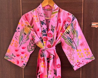 Rosa Kimono Robe aus Baumwolle mit Blumenmuster, leichte Sommernachtwäsche