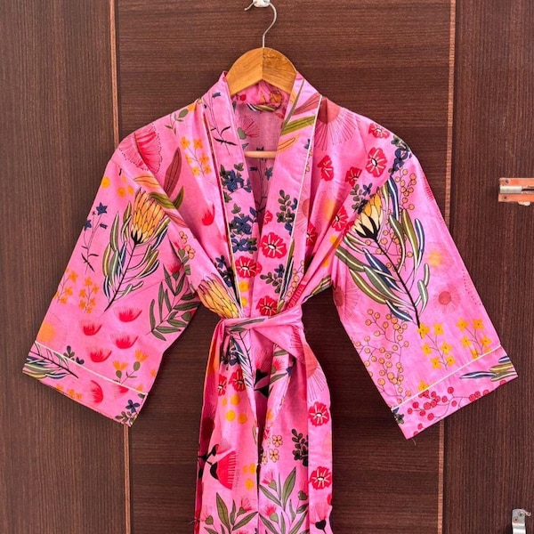 Pink Floral Cotton Kimono Robe, Lightweight Summer Nightwear