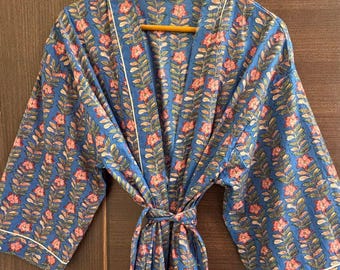 Block Print Cotton Kimono Robe, Floral Dressing Gown, Summer Nightwear
