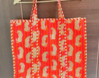 Tiger Print Quilted Cotton Tote Bag, Reversible Shopper