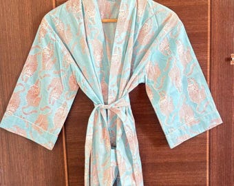 Cotton Kimono Robes Dressing Gown,Block Print Bridesmaid, Summer Nightwear,One Size