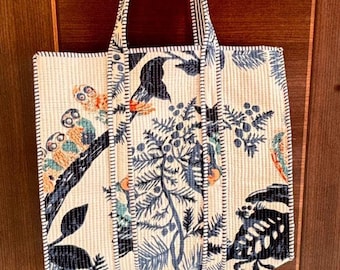 Handmade Indian Quilted Cotton Tote Bag, Block Print, Reusable Shopping Bag