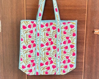 Borsa tote in cotone trapuntato con stampa a blocchi indiani, grande borsa reversibile