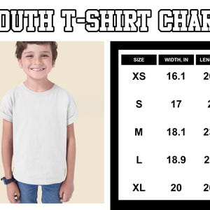 May include: A white youth t-shirt with rolled-up sleeves is modeled by a smiling child. The image includes a size chart with measurements in inches: XS (16.1" width, 20.5" length), S (17" width, 22" length), M (18.1" width, 23.6" length), L (18.9" width, 25.2" length), and XL (20" width, 26.4" length).