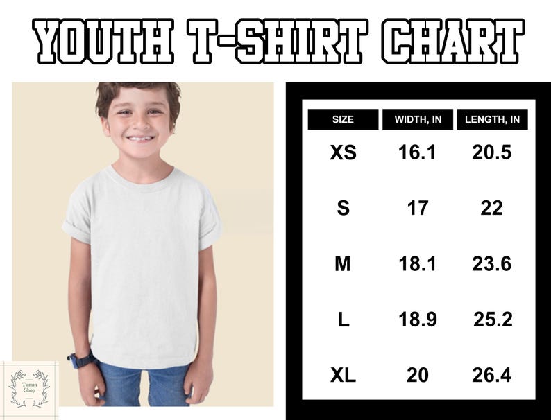 May include: A white youth t-shirt with rolled-up sleeves is modeled by a smiling child. The image includes a size chart with measurements in inches: XS (16.1" width, 20.5" length), S (17" width, 22" length), M (18.1" width, 23.6" length), L (18.9" width, 25.2" length), and XL (20" width, 26.4" length).