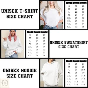 May include: Image features three size charts for unisex apparel: t-shirts, sweatshirts, and hoodies. Each chart displays sizes from S to 5XL, with corresponding width and length measurements in inches. The charts are in black text on a white background.