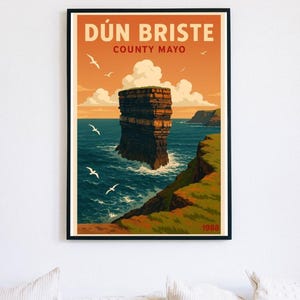 Dún Briste Vintage Travel Poster | County Mayo Ireland Wall Art | 1988 Collection Retro Print