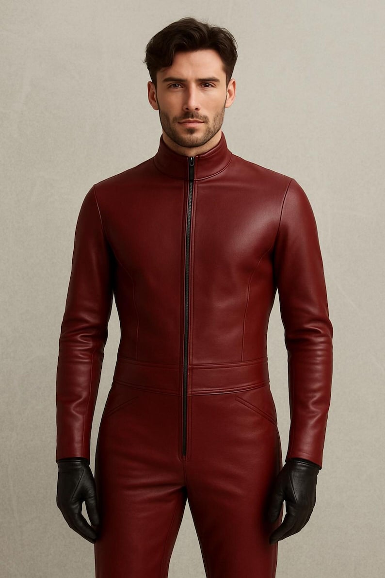 May include: A burgundy leather jumpsuit with a high collar and a full-length black zipper. The long-sleeved garment includes a waist seam and pockets. The person is wearing black leather gloves.