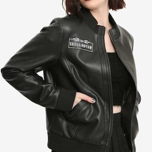 Black Handmade Jack Skellington Leather Jacket: Women's Cosplay Costume