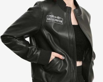 Jack Skellington Leather Bomber Jacket | Halloween Cosplay Gothic Biker Coat