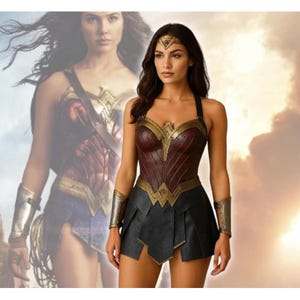 May include: A Wonder Woman costume with a burgundy and gold bodice, a black skirt, and silver arm cuffs. The costume includes a gold headpiece with a red gem. The background features a blurred image of Wonder Woman.
