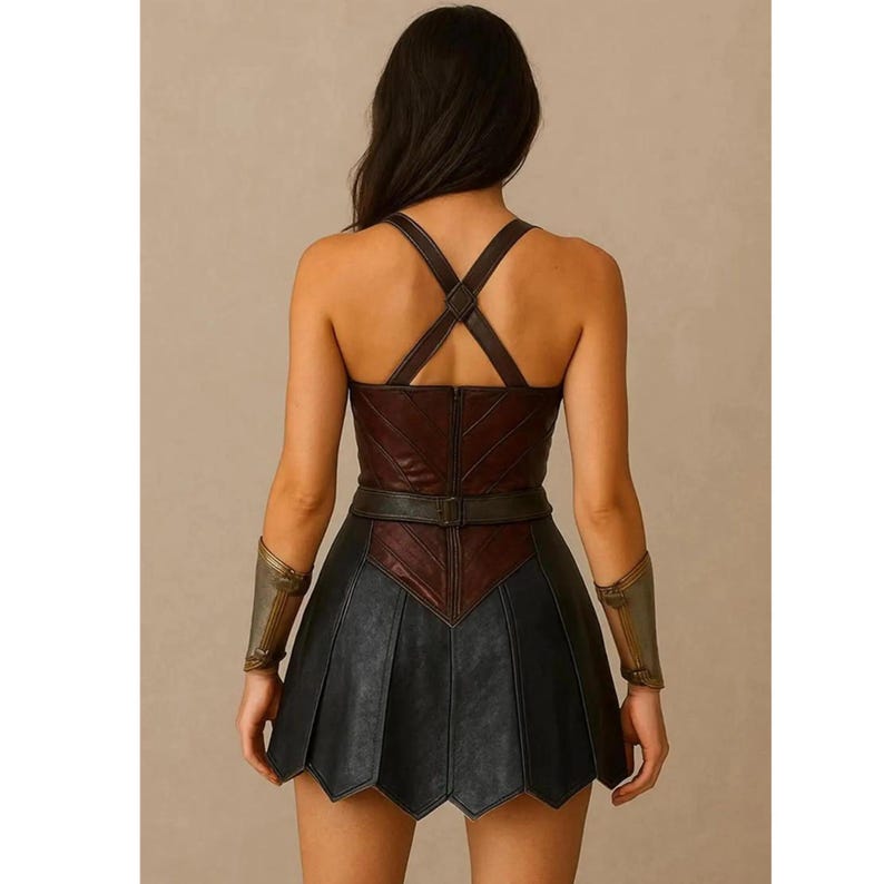 May include: A costume with a burgundy and black leather-look bodice, crisscross straps, and a matching belt. The black pleated skirt is paired with gold arm cuffs. The outfit is designed with a superhero theme.