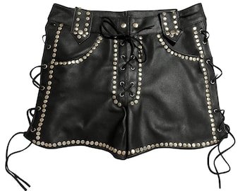 Genuine Leather Studded Shorts: High Waist Biker Goth Festival Hot