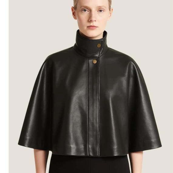 Handmade Black Sheepskin Leather Cape: High Neck Sleeveless Capelet