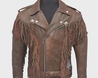 Jaqueta estilo motoqueiro, feita à mão em couro bovino marrom com franjas: estilo western.