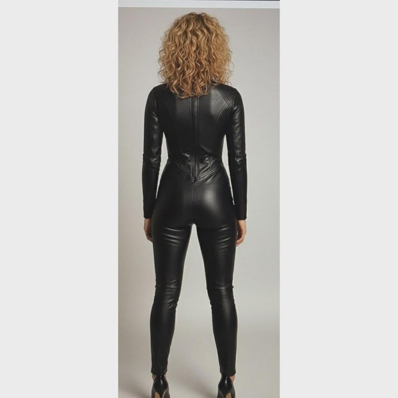 Op de afbeelding: Een zwarte jumpsuit met lange mouwen, een hoge halslijn en een rits aan de voorkant. De jumpsuit is gemaakt van een glanzend, leerachtig materiaal en heeft een nauwsluitend silhouet. Het model draagt zwarte hoge hakken.