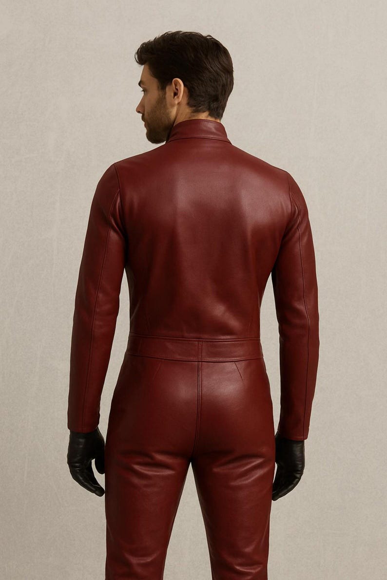 May include: A burgundy leather jumpsuit with a high collar and long sleeves. The one-piece garment features a fitted silhouette, a belt detail at the waist, and matching burgundy leather pants. The model is wearing black gloves.