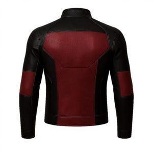 Puede incluir: Chaqueta de cuero negra y burdeos con cuello alzado. La espalda presenta un panel burdeos con costuras geom&eacute;tricas y detalles burdeos en las mangas. La chaqueta tiene un dise&ntilde;o elegante y moderno.