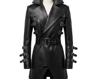 Black Leather Trench Coat | Gothic Steampunk Buckle Jacket