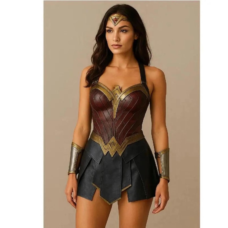 May include: A Wonder Woman costume with a burgundy and gold bodice, black skirt, gold arm cuffs, and a gold headpiece with a red star. The outfit is designed to resemble the iconic superhero's attire.