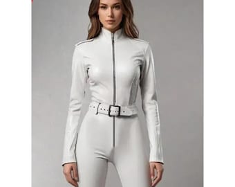 Mono de piel blanca para mujer / Mono de piel de cordero auténtica / Mono de una pieza con cremallera frontal / Traje de club y cosplay hecho a mano