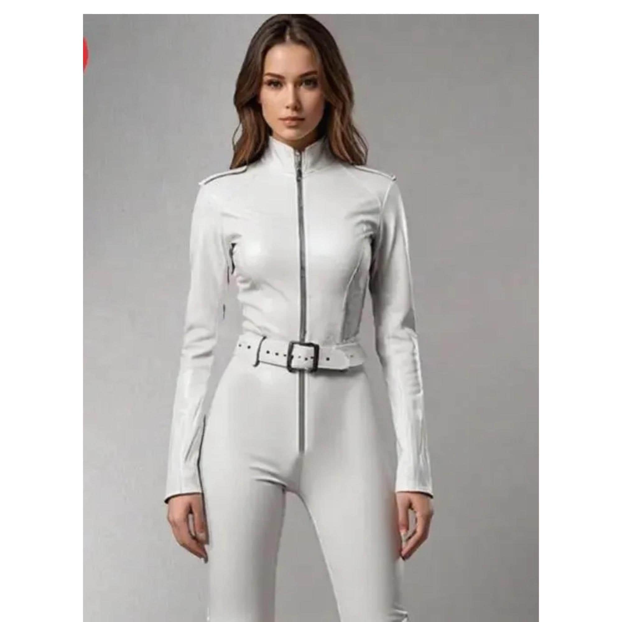 Women's White Leather Catsuit | Genuine Lambskin Jumpsuit | Front
